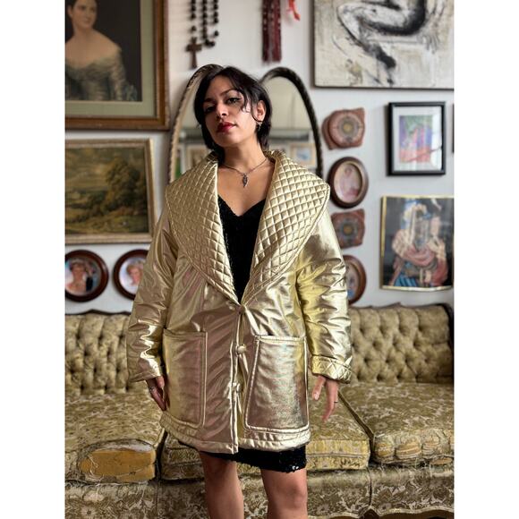 80s Vintage Maurada Champagne Gold Quilted Collar Jacket Size S - Picture 8 of 9